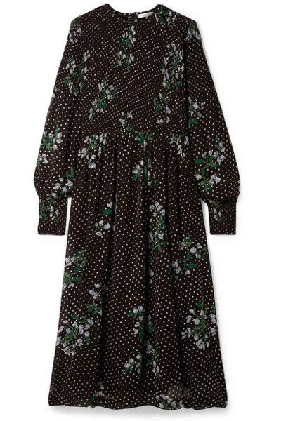 Ganni Rometty Smocked Printed Georgette Midi Dress In Black | ModeSens