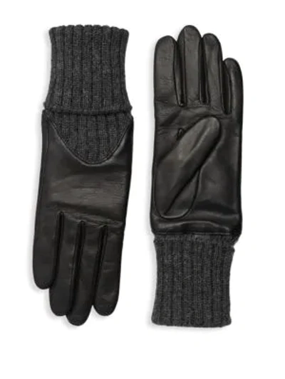 Agnelle Cecelia Leather Knit Gloves In Black Grey