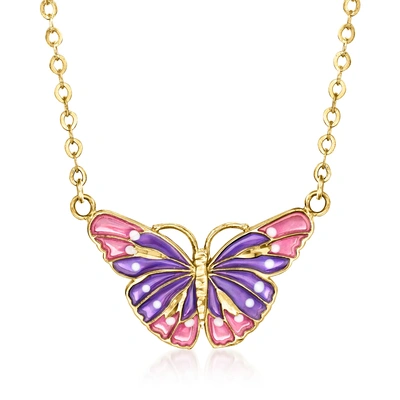 Ross-simons Italian Multicolored Enamel Butterfly Necklace In 14kt Yellow Gold In Purple
