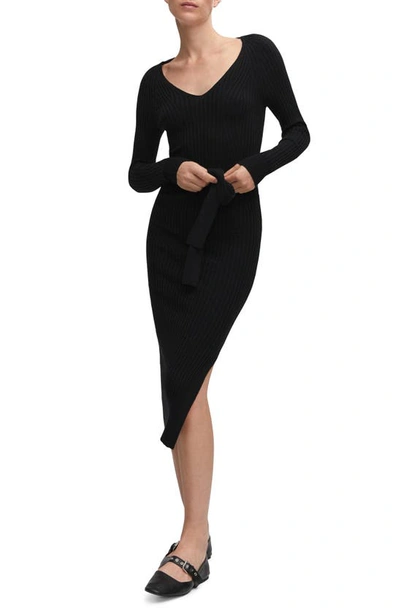 Mango Long Sleeve Tie Belt Sweater Dress In Black