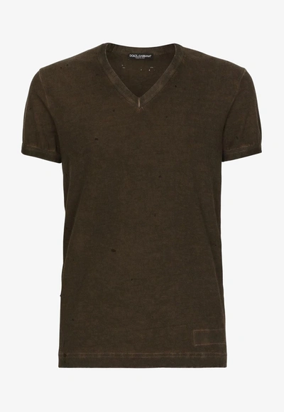 Dolce & Gabbana Distressed Re-edition V-neck T-shirt In Khaki