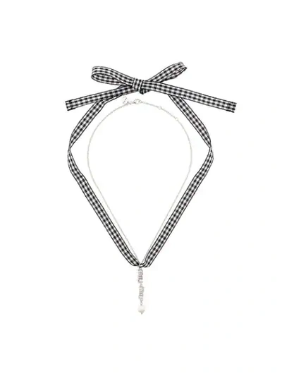 Miu Miu Swarovski Crystal Logo And Pearl Necklace In Metallic