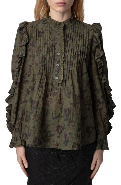 Zadig & Voltaire Holly Pintuck Ruffle Shirt In Green