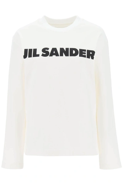Jil Sander Logo Print Long Sleeved T Shirt In White