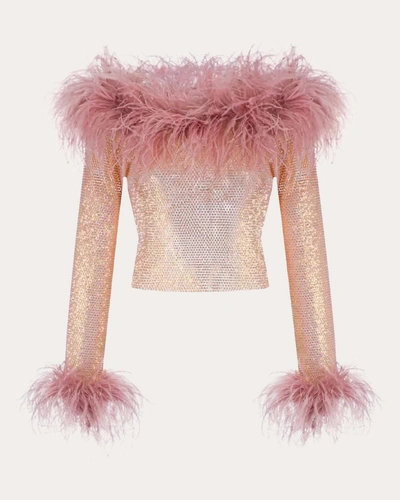 Santa Brands Women's Sheer Sparkle Feathered Off-shoulder Top In Pink