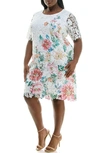 Nina Leonard Elbow Length Sleeve Lace Shift Dress In White Multi