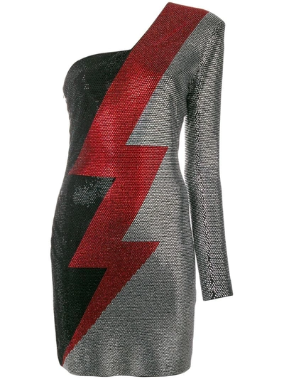 Balmain Asymmetrical Rhinestone Lightning Bolt Print Dress In Metallic
