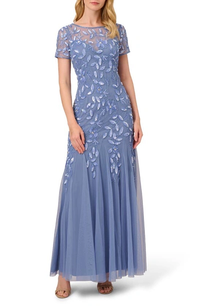 Adrianna Papell Floral Embroidered Beaded Trumpet Gown In French Blue