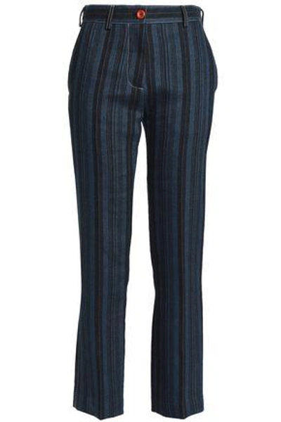 Acne Studios Striped Wool, Linen And Cotton-blend Straight-leg Pants In Midnight Blue