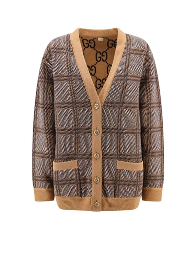 Gucci Wool Cardigan With Madras Motif In Brown