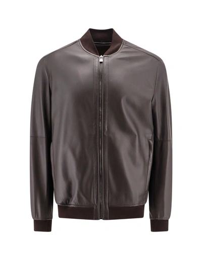 Corneliani Leather Jacket In Brown