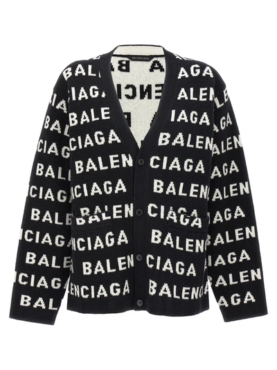 Balenciaga All Over Logo Cardigan Jumper, Cardigans In Black