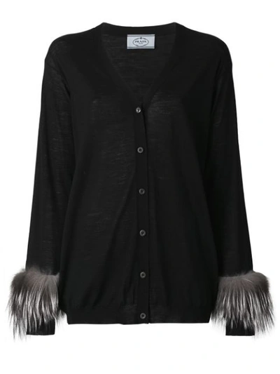 Prada Fox Fur Cuffed Cardigan In Black