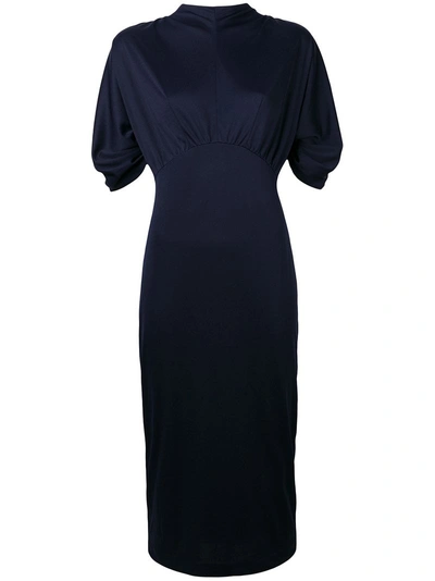 Prada Ruched Empire Line Midi Dress In Blue