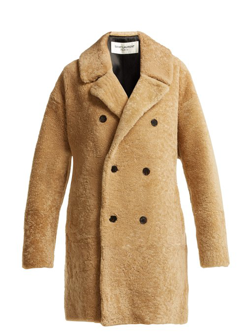 Saint Laurent Double Breasted Shearling Coat In Beige Modesens
