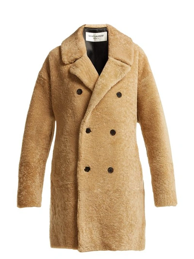 Saint Laurent Double-breasted Shearling Coat In Honey