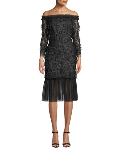 Milly Off-the-shoulder Embroidery & Feather Dress In Black