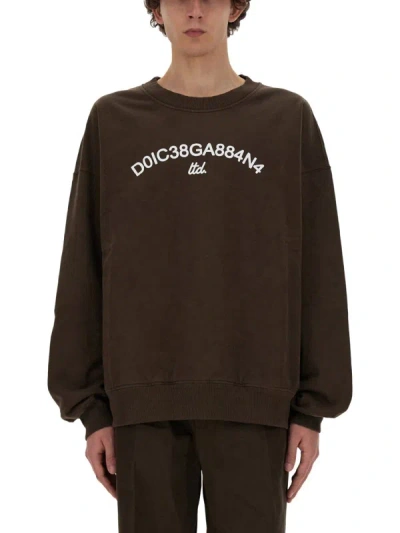 Dolce & Gabbana Round-neck Sweatshirt With Dolce&gabbana Logo Print In ブラウン