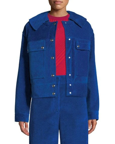 Cedric Charlier Snap-front Oversized Velvet Corduroy Jacket In Blue
