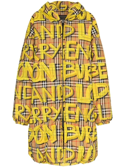 Burberry Graffiti Check Puffer Coat In Yellow ModeSens