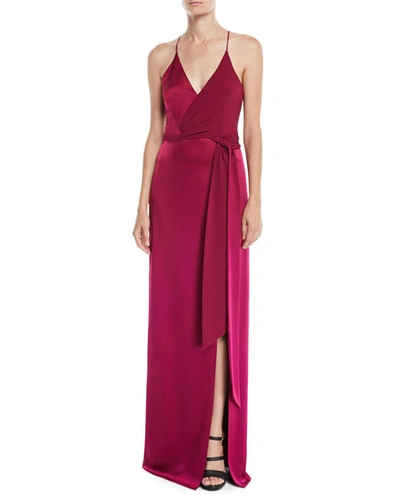 Halston Heritage Satin-backed Crepe Gown With Sash In Wildberry