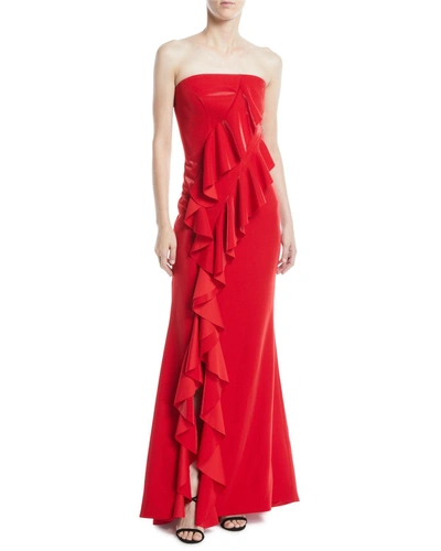 Jay X Jaygodfrey Steele Strapless Ruffle A-line Evening Gown In Red