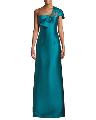 Sachin & Babi Ines One-shoulder Gown W/ Bow In Teal