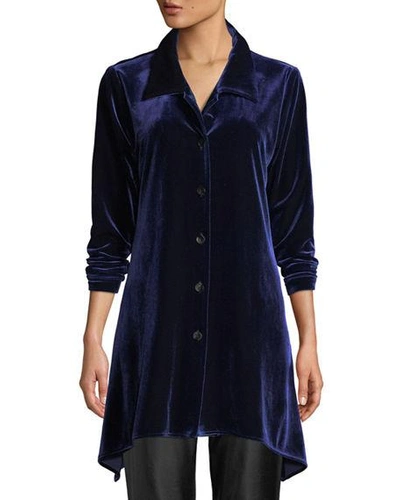 Caroline Rose Button-front Long-sleeve Stretch-velvet Side-fall Shirt, Plus Size In Sapphire