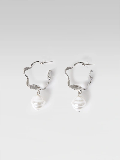French Connection Molten Metal Pearl Hoop Earrings Silver/white In Metallic