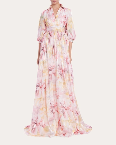 Badgley Mischka Blouson-sleeve Shimmer Floral-print Empire Gown In Pk Mu