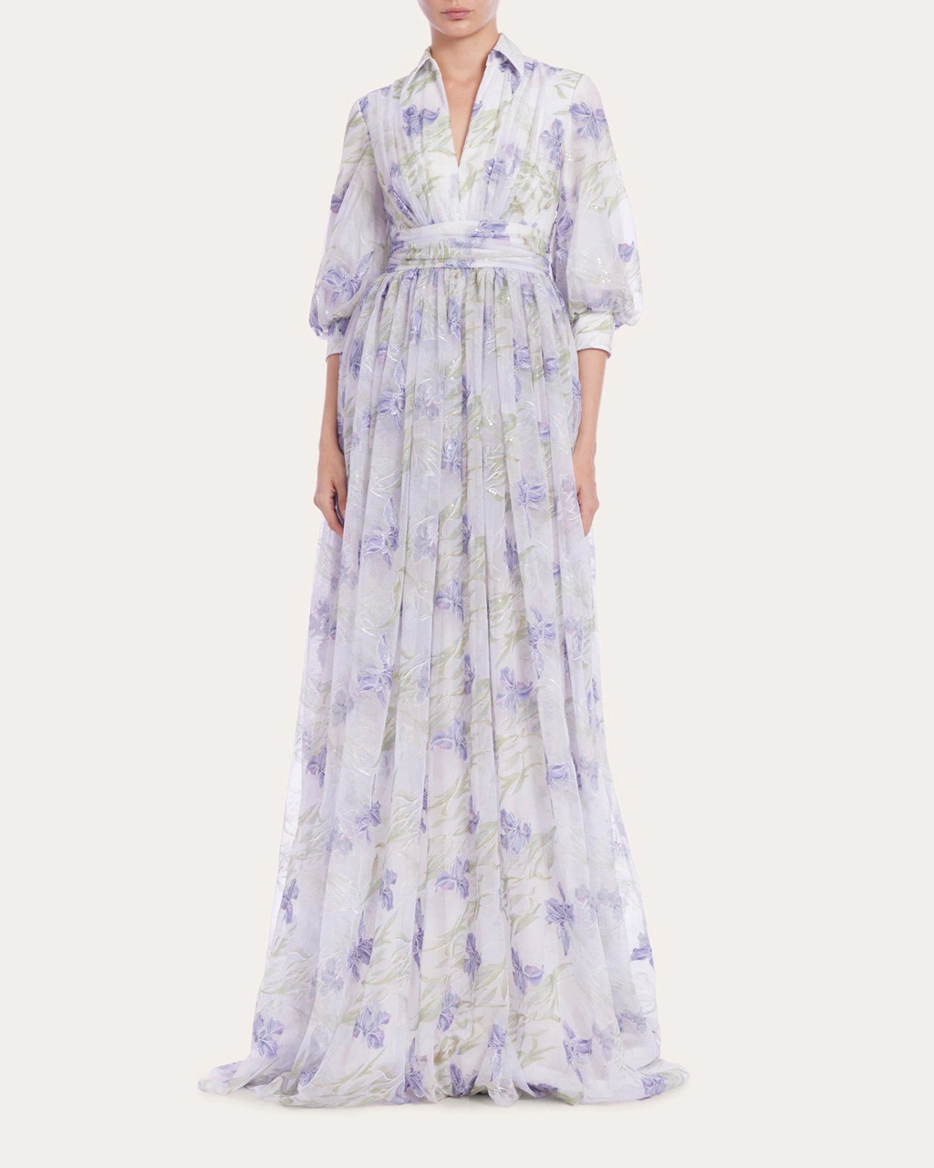 Badgley Mischka Pleated Sequin-embellished Floral-print Gown