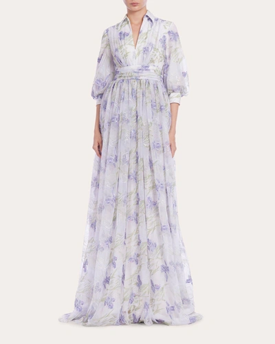 Badgley Mischka Pleated Sequin-embellished Floral-print Gown In Lilac