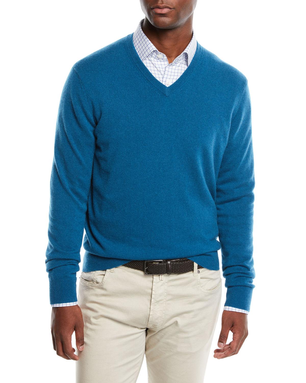 Neiman Marcus Men's Cloud Cashmere V-neck Sweater In Peacock Blue ...