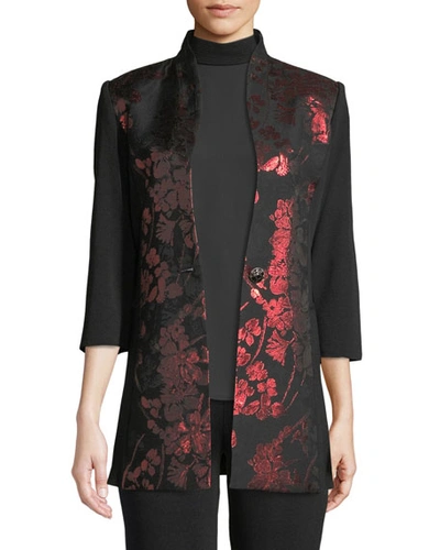 Misook Plus Size Metallic Floral-inset Jacket In Black/classic Red