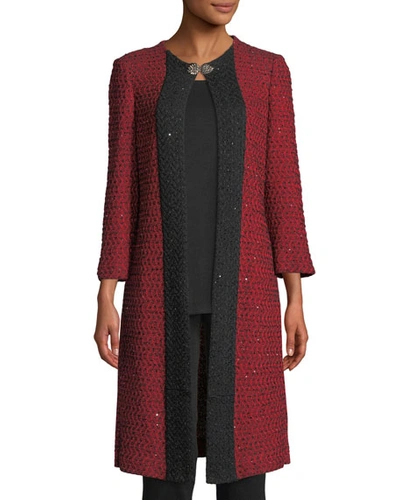 Misook Plus Size 3/4-sleeve Sparkle-knit Long Jacket In Classic Red/black