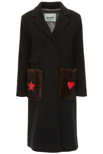Ava Adore Coat With Mink Fur On The Pockets In Nero