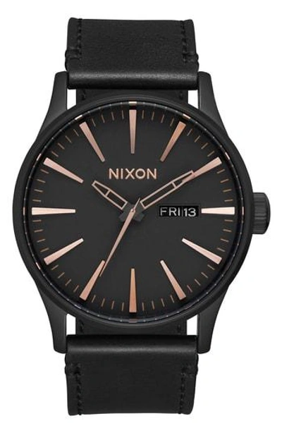 Nixon The Sentry Leather Strap Watch, 42mm In Black/ Rose Gold