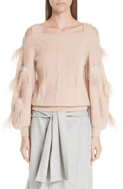 Adeam Off The Shoulder Cashmere Sweater With Feather Trim In Dusty Rose