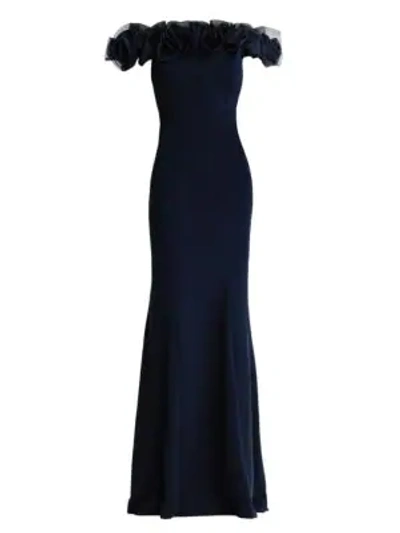 Aidan Mattox Off-the-shoulder Ruffled Gown In Navy