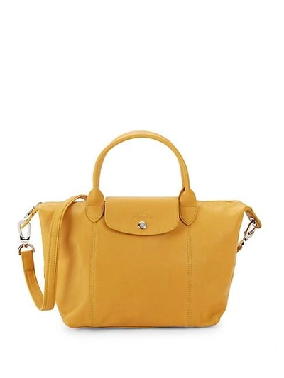 Longchamp Small Le Pliage Cuir Leather Top Handle Bag In Sunshine