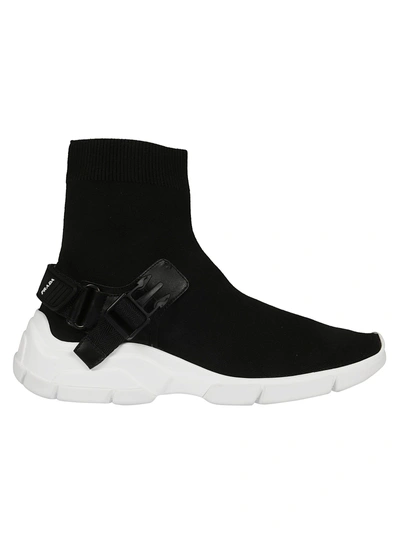 Prada Buckled Hi-top Sneakers In Black/white