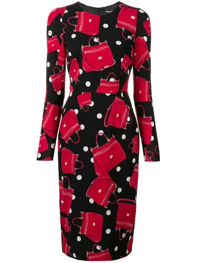 Dolce & Gabbana Polka Dot Bag Print Dress In Borsette/nero