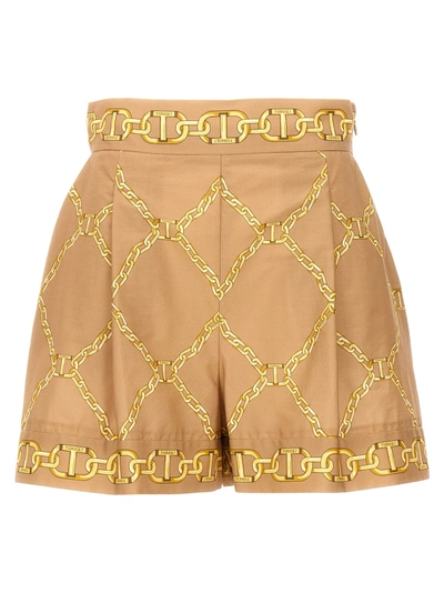 Twinset Printed Poplin Shorts In Beige