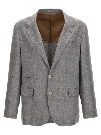 Brunello Cucinelli Single-breasted Linen Blend Blazer In Gray