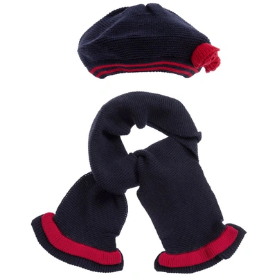Tutto Piccolo Babies' Girls Blue Cotton Beret & Scarf Set In Black