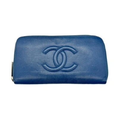 Pre-owned Chanel Long Portefeuille Zippé Navy Leather Wallet  ()