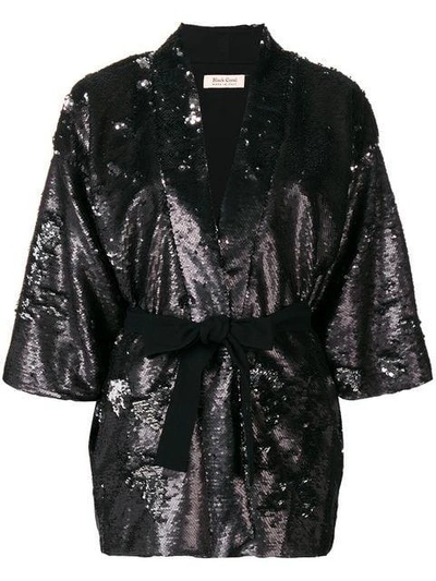Black Coral Sequin Embellished Belted Jacket In Black