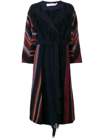 Tory Burch Alice Blue Wool Coat With Multicolori Stripes And Fringes