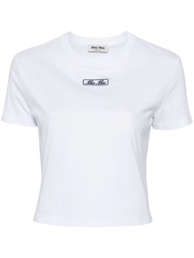 Miu Miu Logo-embroidered Cotton T-shirt In Bianco
