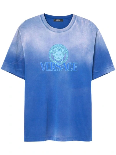Versace T-shirt Jersey Fabric Degrade Overdye Clothing In Blue